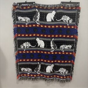 Vintage San Marcos Fringe Cat And Fish Blanket 46"x57" New